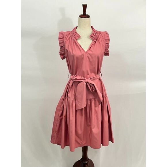 CHRISTY LYNN Sz XS Bardot Dusty Rose Pink Cap Sleeve Ruffle Belted Dress - Picture 8 of 11